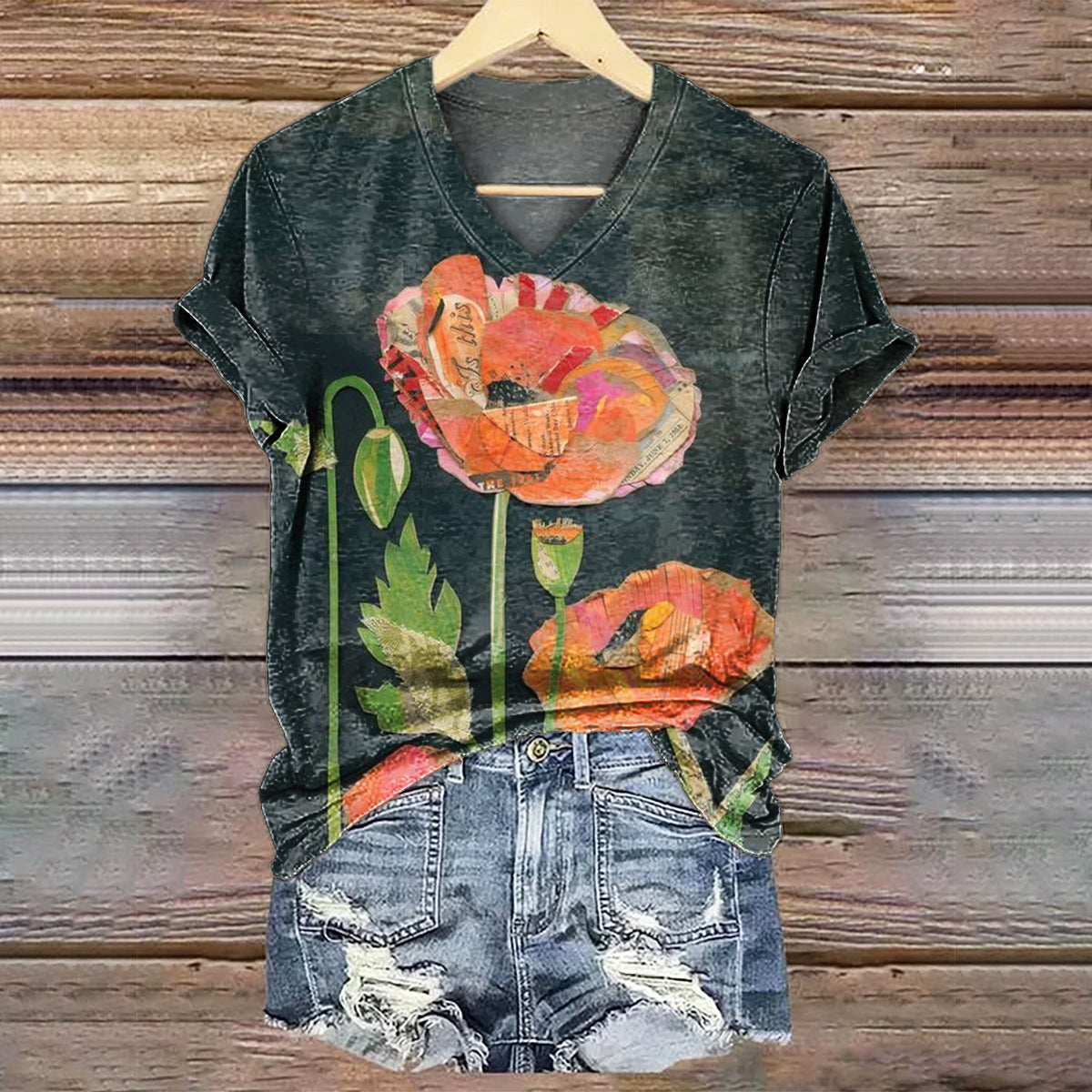Women's Floral Art Print V-Neck Casual T-Shirt