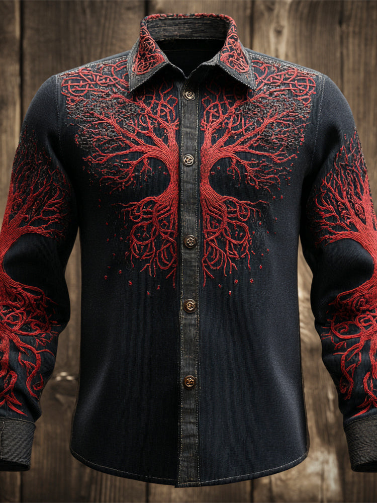 Comstylish Viking Tree Of Life Embroidered Men's Turn-down Collar Shirt