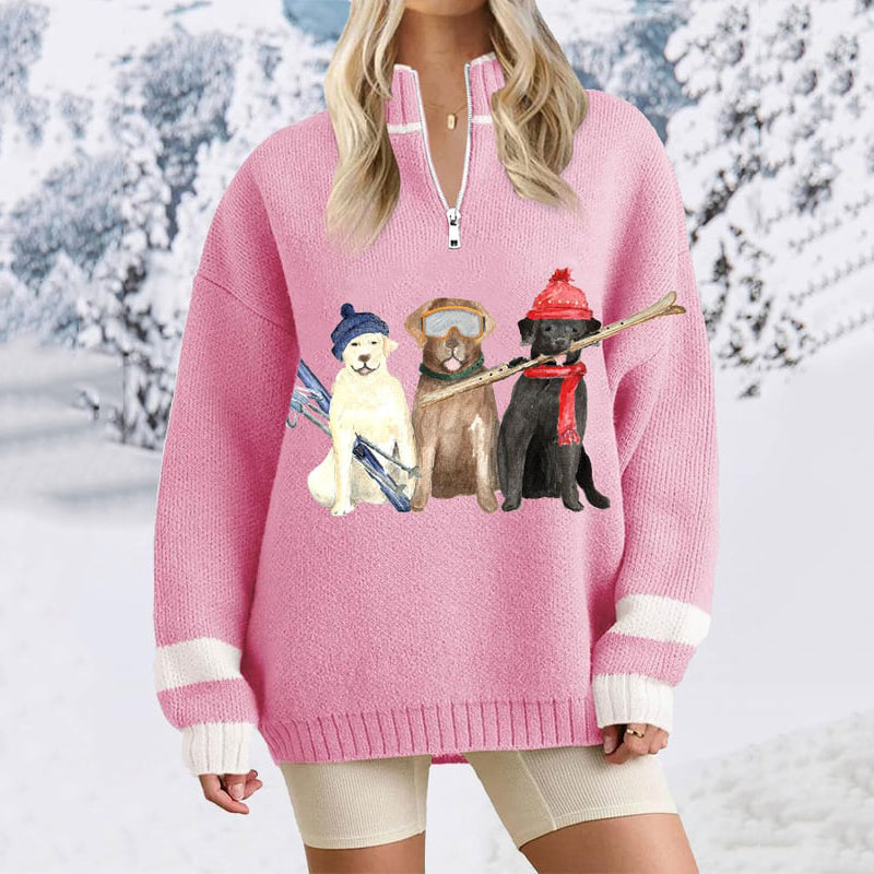 Comstylish Women's Cute Dogs Ski Enthusiast Zip-Up Cozy Sweater