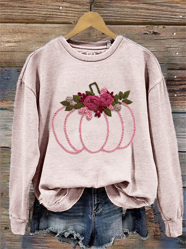 Thanksgiving Pink Pumpkin Floral Embroidered Sweatshirt artswardrobe