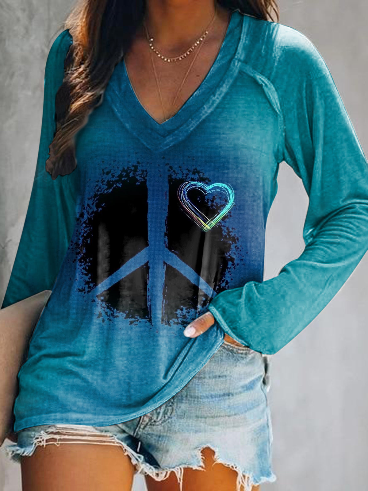 Women's Casual Hippie Art Print V Neck Long Sleeve Tops