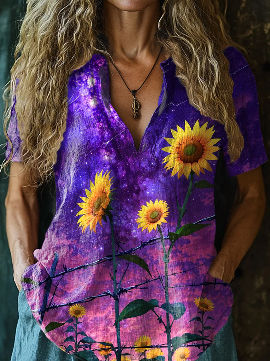 Women's Vintage Floral Art Print Casual Short Sleeve Comfortable Cotto