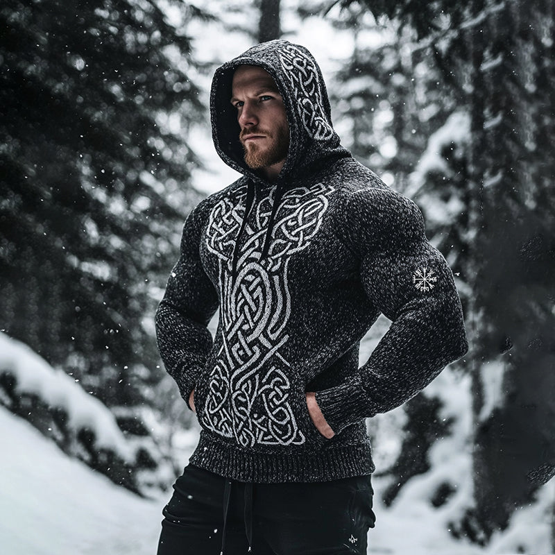 Men's Viking Tribal Wolf Jacquard Celtic Inspired Chunky Knit Hooded Sweater artswardrobe