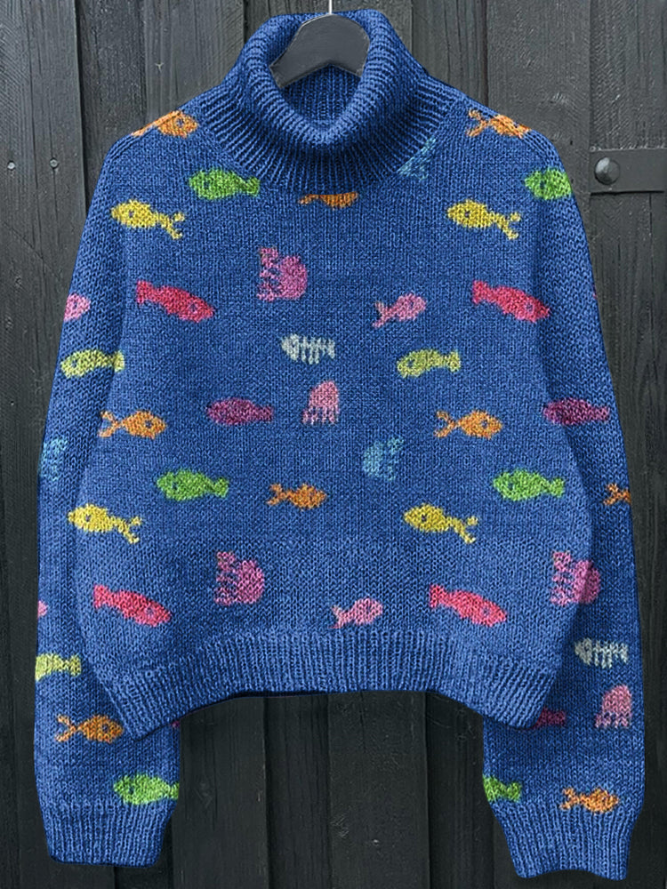 Vintage Fishes And Jellyfishes Art Knitting Patterns Art Cozy Turtleneck Sweater artswardrobe