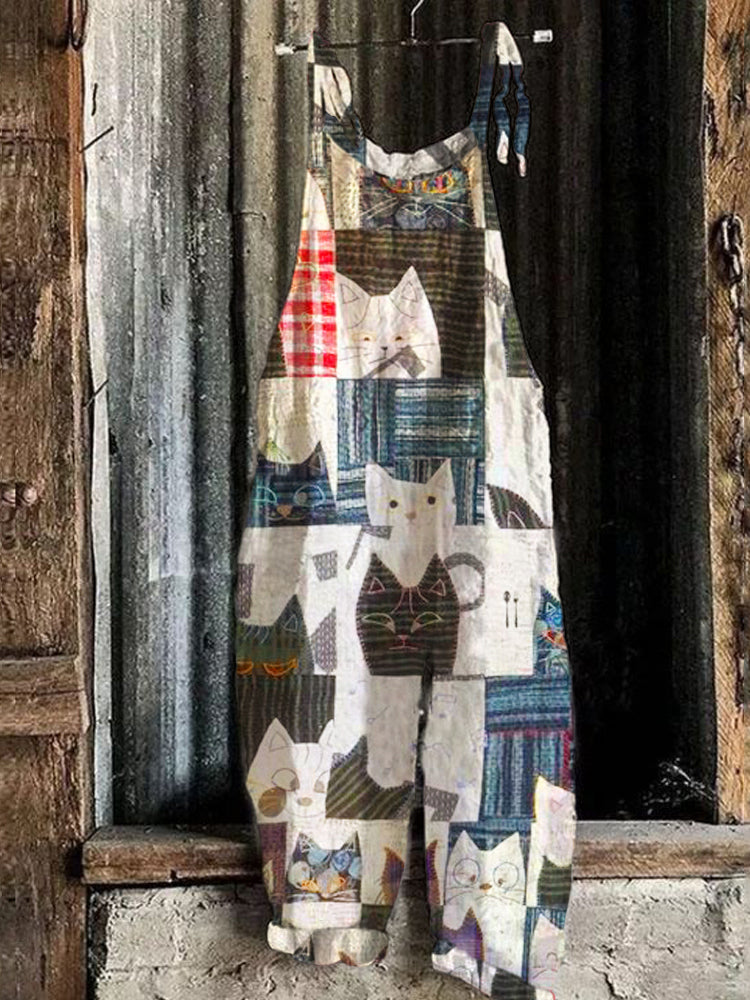 Boho Vintage Cat Women's Linen Jumpsuit artswardrobe