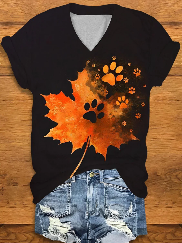 Maple Leaf Dog Paw Print V-Neck T-Shirt artswardrobe