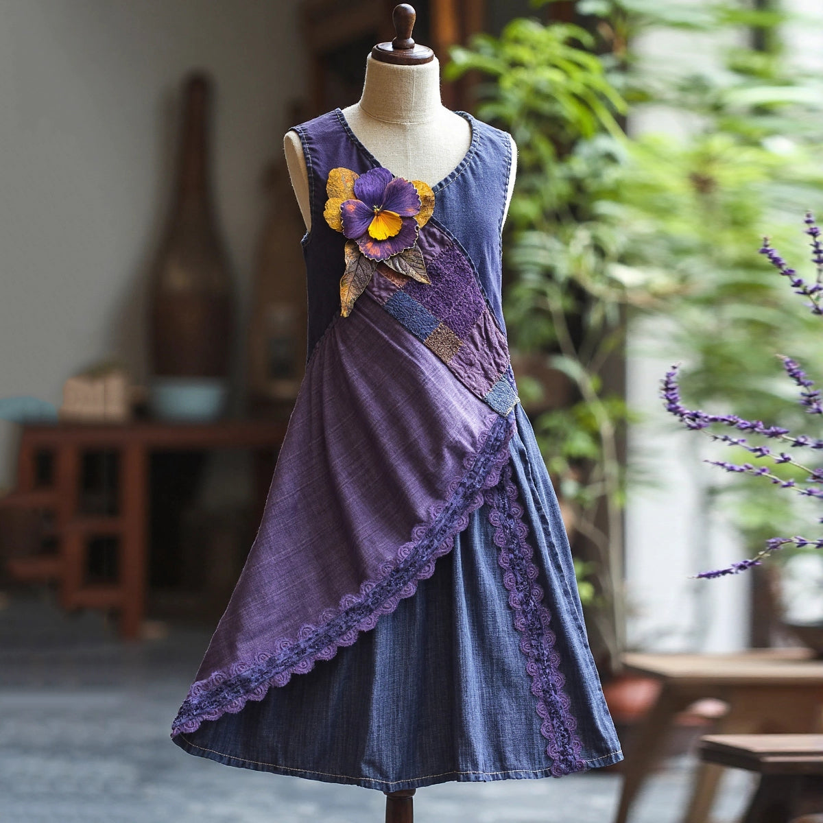 Purple Floral Lace Art Linen Tank Maxi Dress artswardrobe