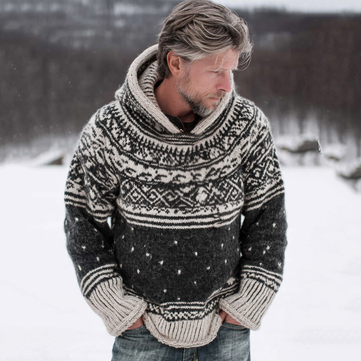 Men's Warmth Scandinavian Knit Jacquard Icelandic Thick Warm Hooded Sweater elevenforest