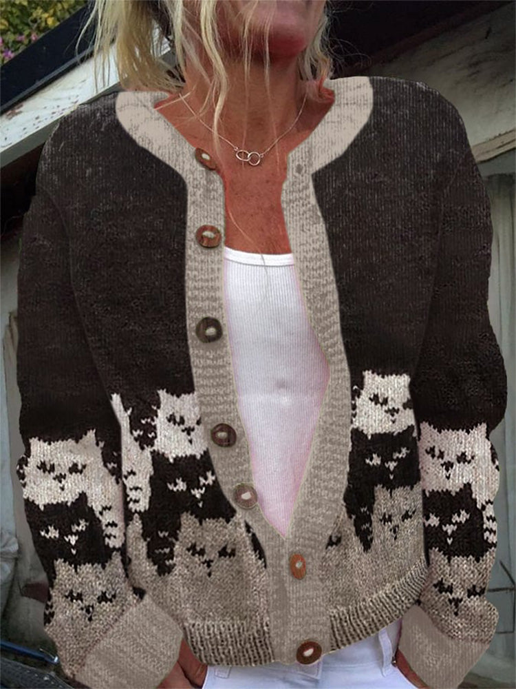 Women's Funny Cat Print Knitted Cardigan elevenforest
