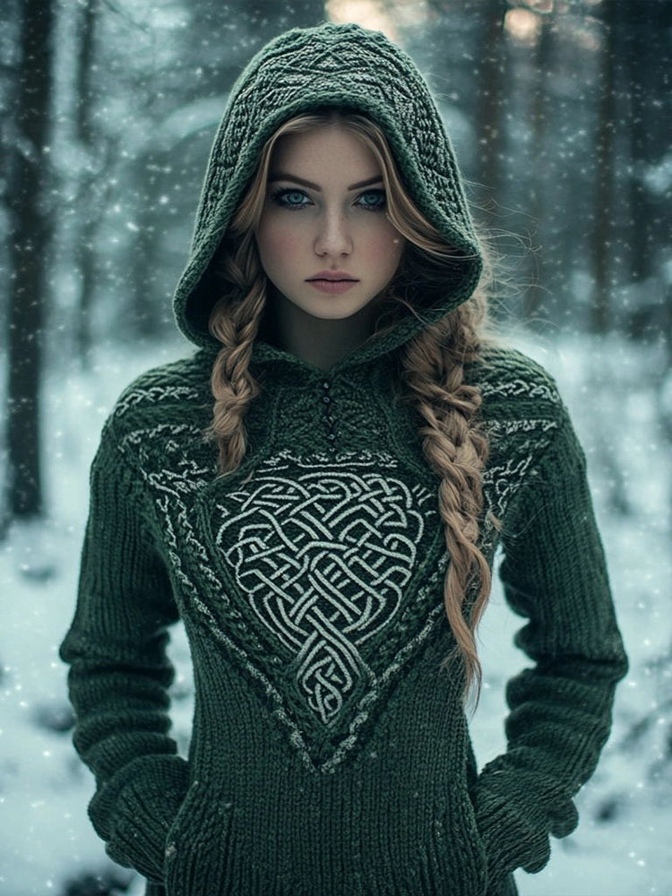 Women's Celtic Knot Jacquard Cozy Knit Hooded Sweater artswardrobe