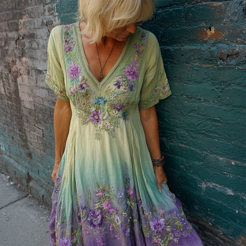 Purple Floral Embroidered Gradient Flowy Linen Maxi Dress artswardrobe