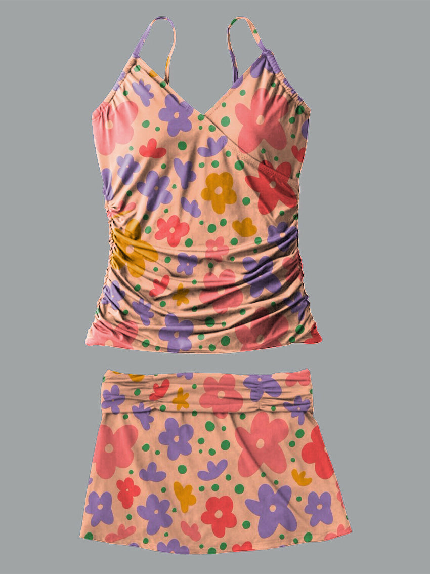 Color Flower V-Neck Vintage Flowers Print Suspender Skirt Tankini Pantskirt Set Swimsuit