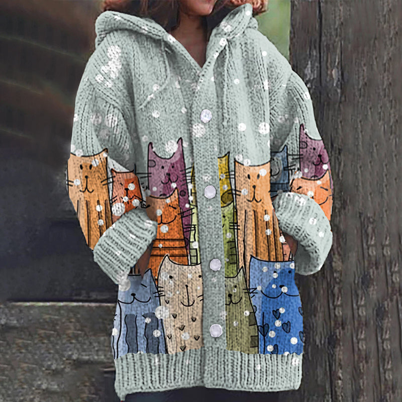 Vintage Color Block Cute Cats Cozy Cardigan Sweater elevenforest