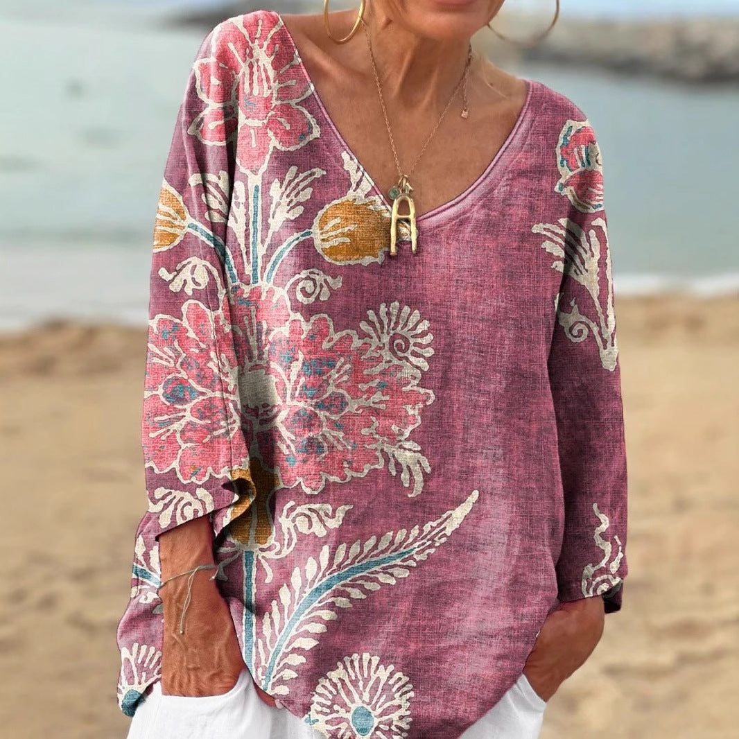 Vintage Floral Print V-neck Loose Linen Blend T-shirt artswardrobe