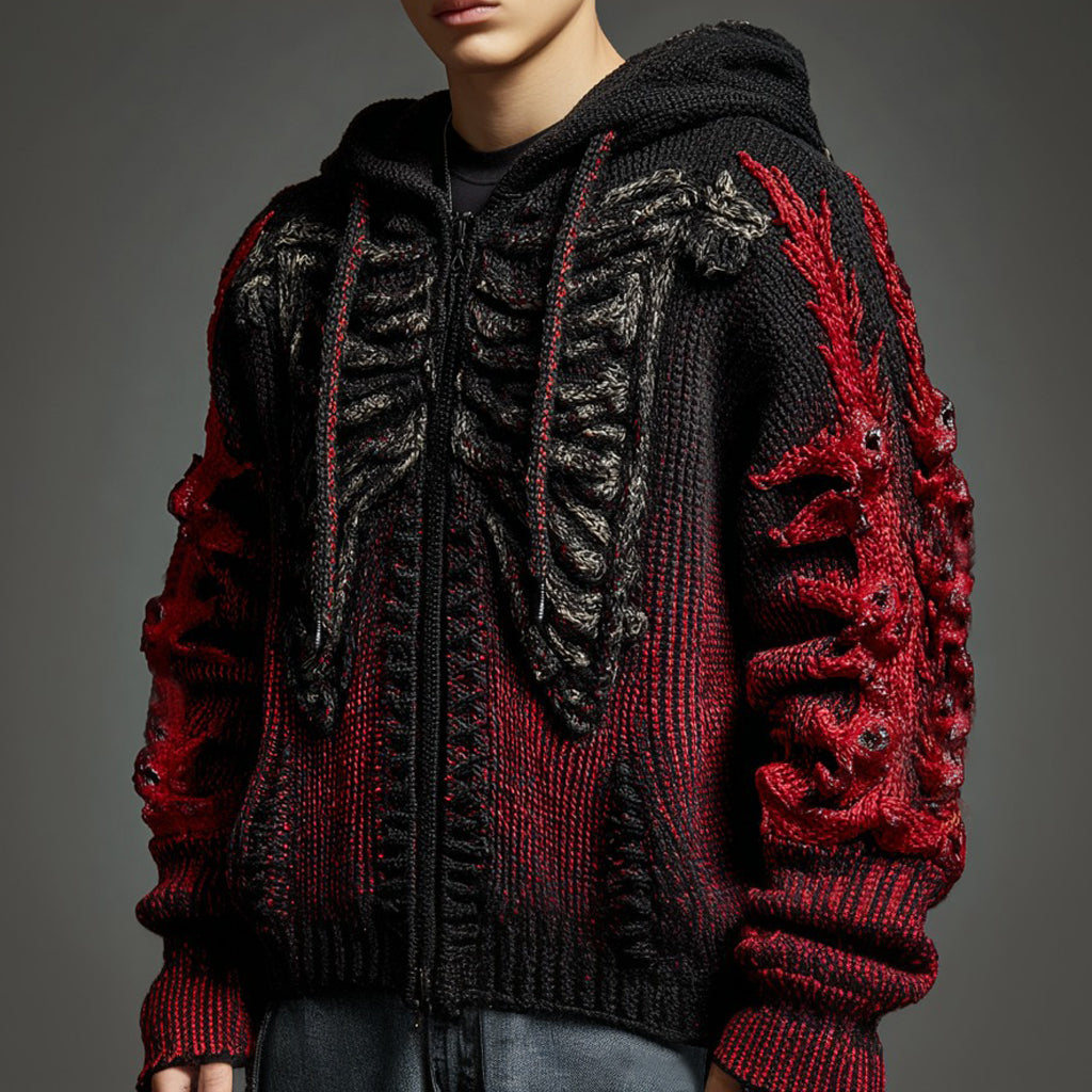 Halloween Skeleton Demon Flame Inspired Gradient Jacquard Knit Zip-up Hoodie artswardrobe