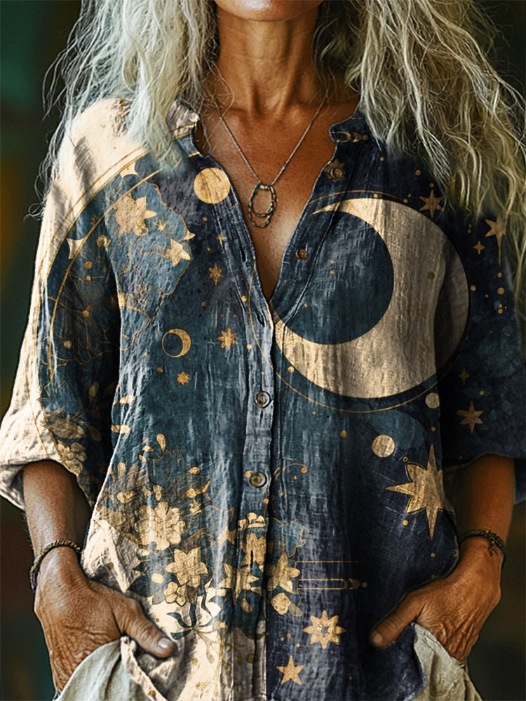 Women's Starmoon Art Print Casual Cotton Linen Shirt