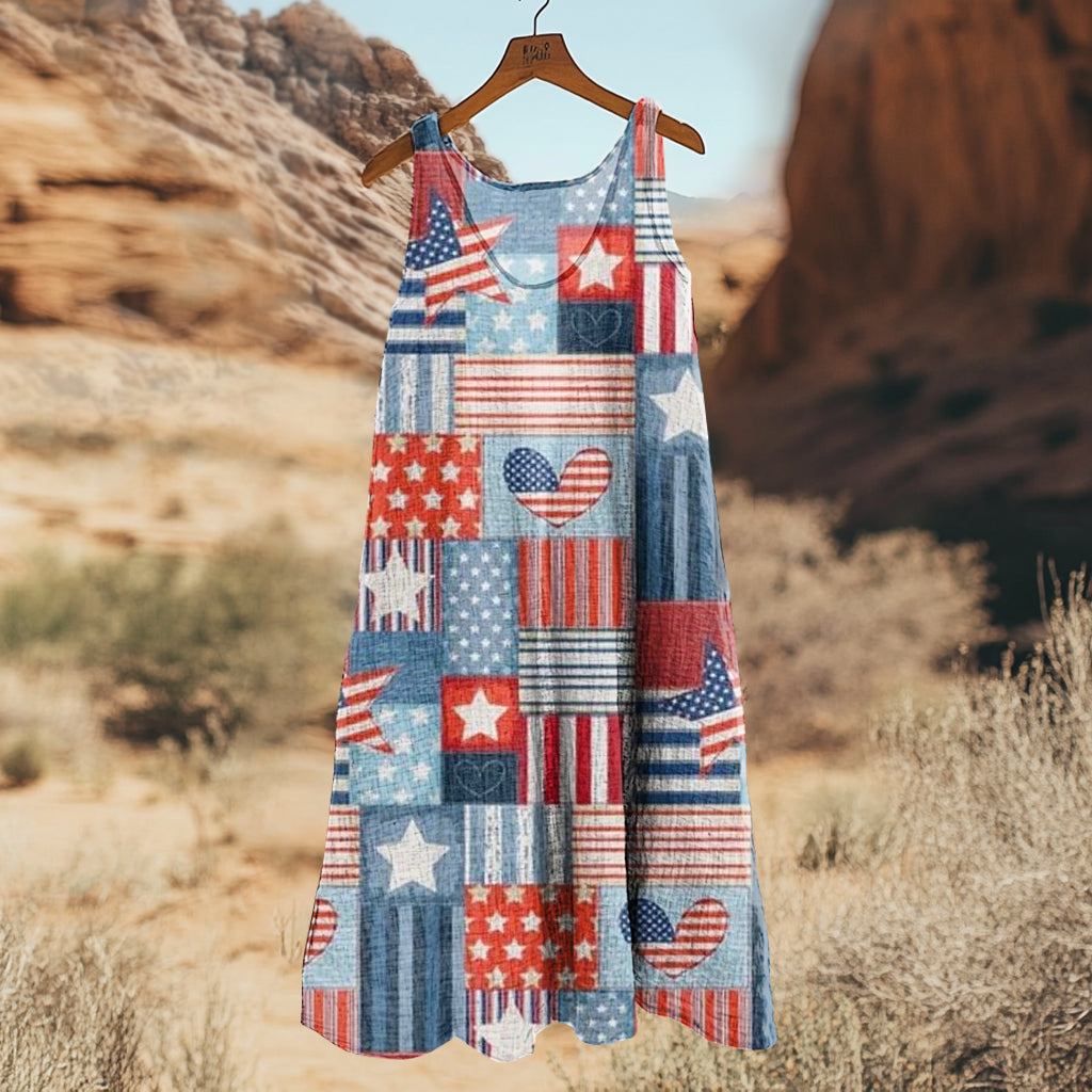 Vintage Independence Day Patch Floral Art Linen Casual Tank Dress artswardrobe