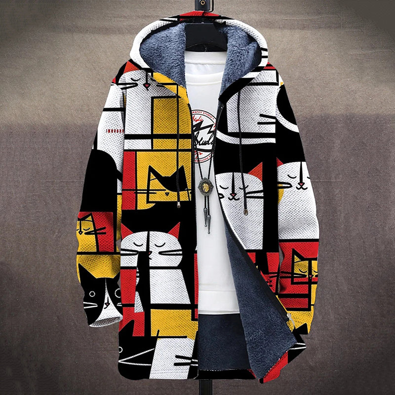 Men's Abstract Geometric Cat Art Cozy Hooded Cardigan elevenforest