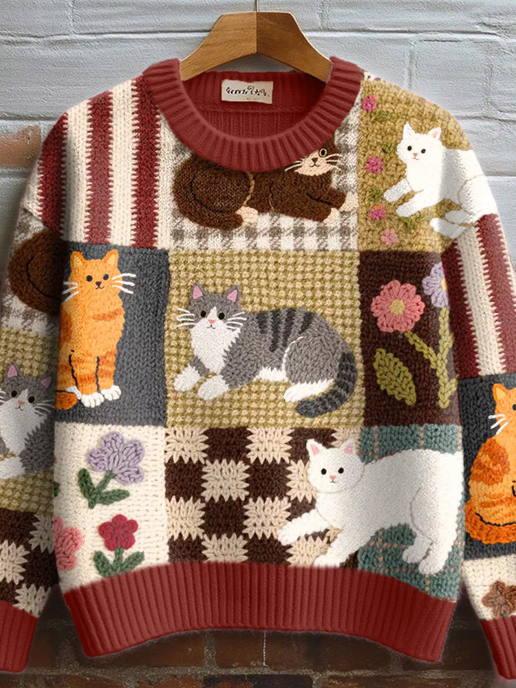 Women's Fall Floral Cat Crochet Pattern Cozy Knit Sweater artswardrobe