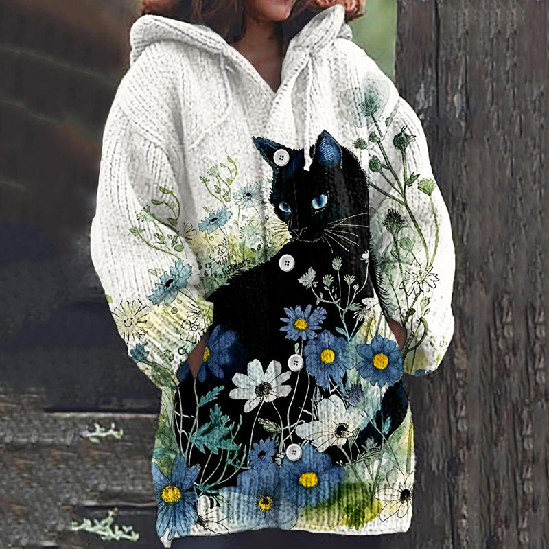 Vintage Black Cat With Floral Art Cozy Button Cardigan Sweater elevenforest
