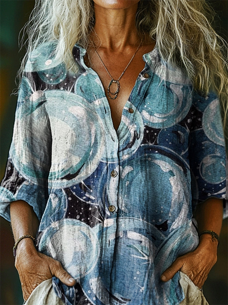 Women's Bubble Pattern Art Print Linen Cotton Casual Shirt