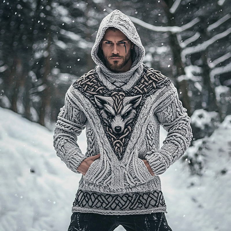 Men's Viking Tribal Wolf Inspired Celtic Chunky Knit Pocket Hooded Sweater artswardrobe