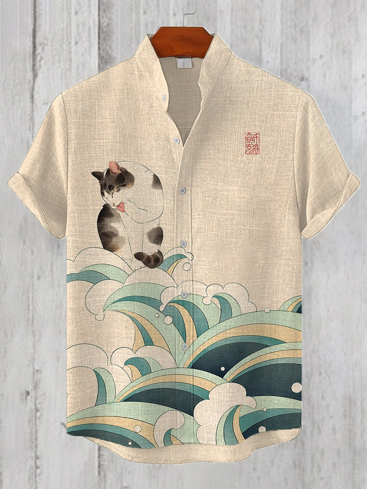 Men's Cute Cat Wave Print Linen Blend Shirt elevenforest