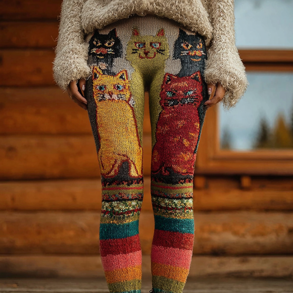 Comstylish Rainbow Fun Cat Lady's Knitted Tight-fitting Leggings