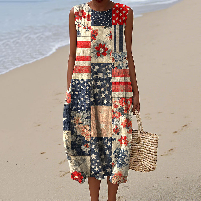 Vintage Independence Day American Flag Patch Floral 4th Of July Art Linen Tank Dress artswardrobe