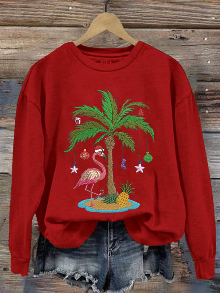 Comstylish Women's Christmas Palm Tree Flamingo Embroidery Print Casual Sweatshirt
