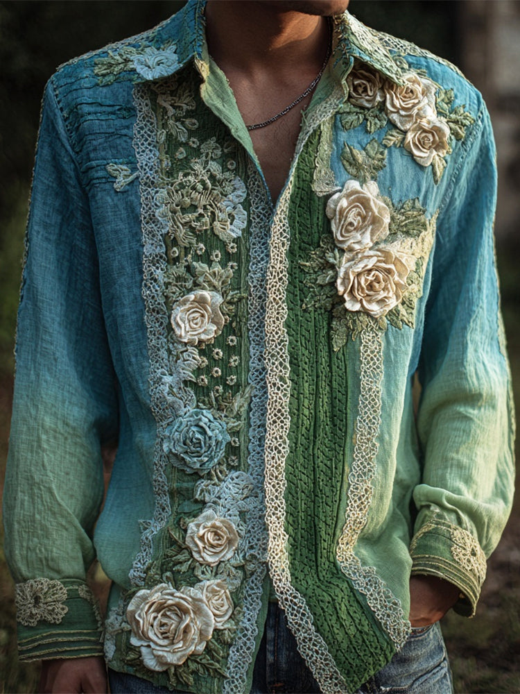 Boho Lace Floral Patchwork Art Men's Linen Long Sleeve Shirt artswardrobe