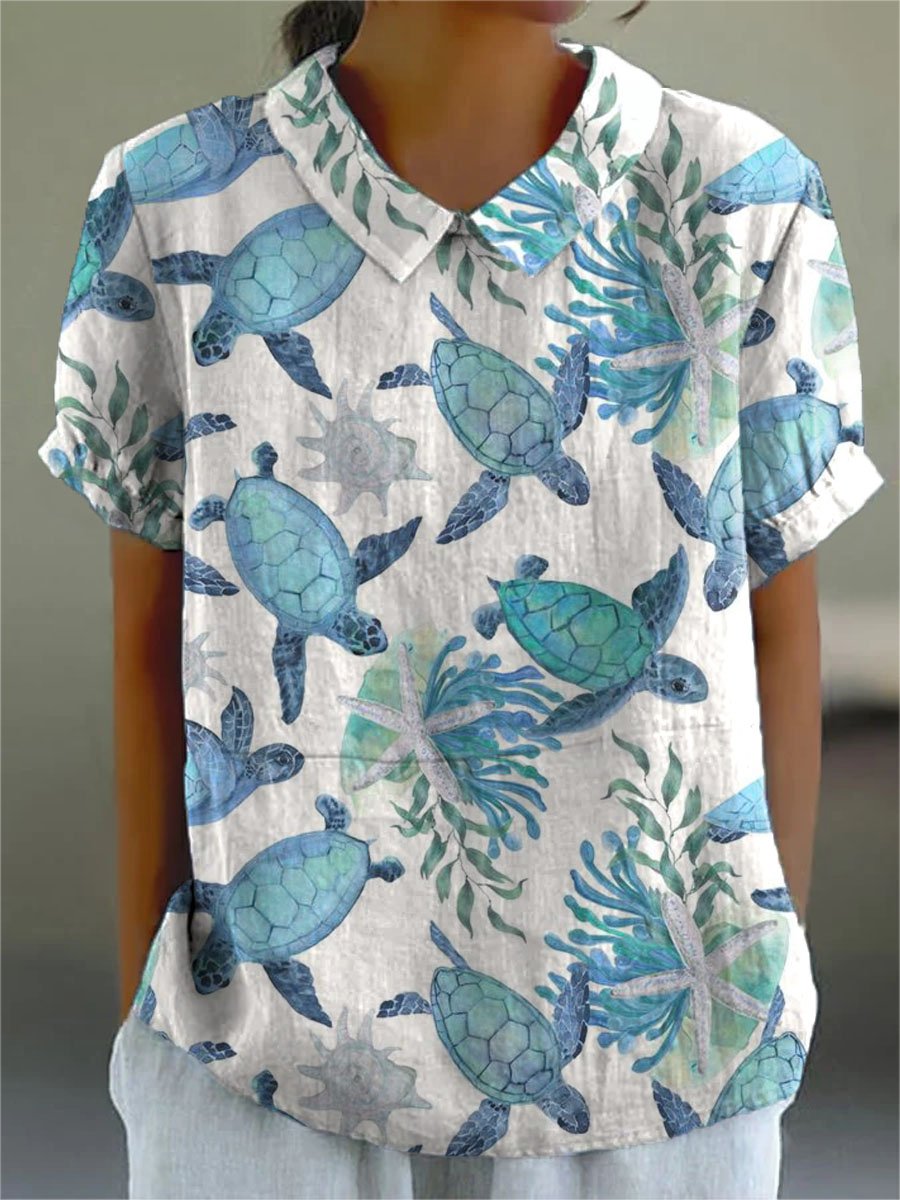 Women's Lovely Sea Life Turtles Art Print Casual Cotton And Linen Shirt