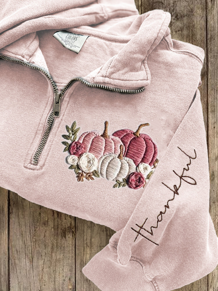 Thankful Pink Pumpkins Floral Embroidered Zip Up Sweatshirt artswardrobe