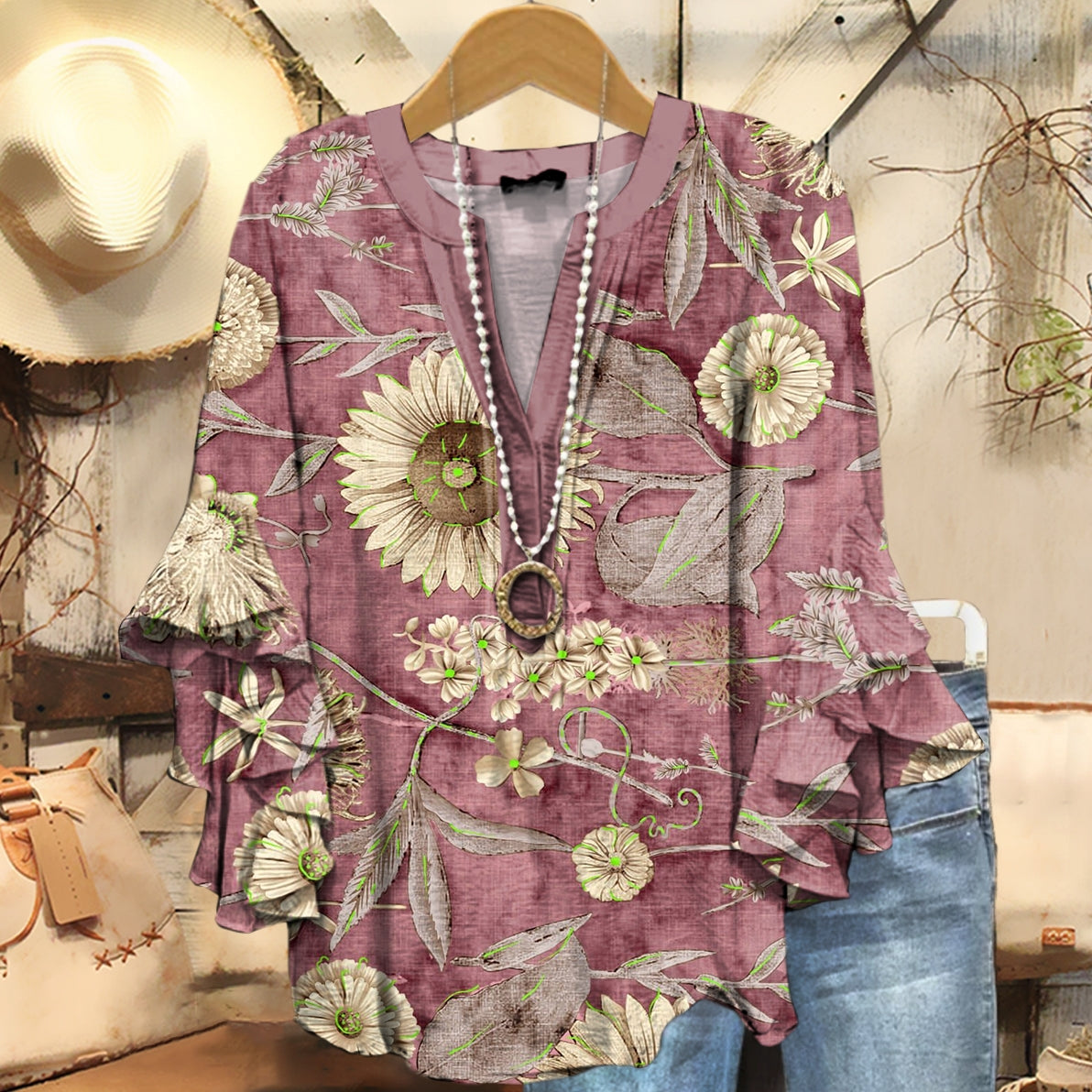 Women's Ethnic Sunflower Floral Art Print Casual Ruffle Sleeve Top