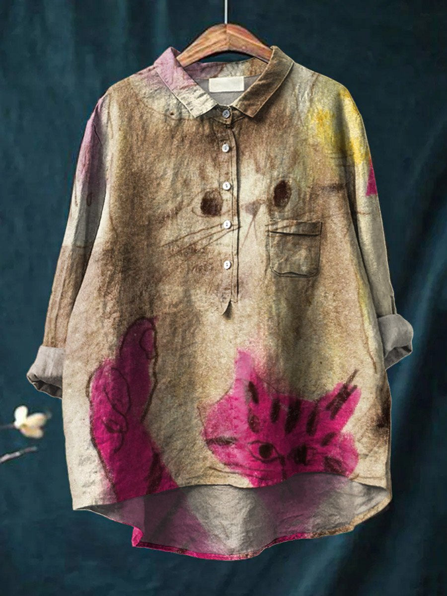 Vintage Lovely Cats Art Print Casual Cotton And Linen Shirt