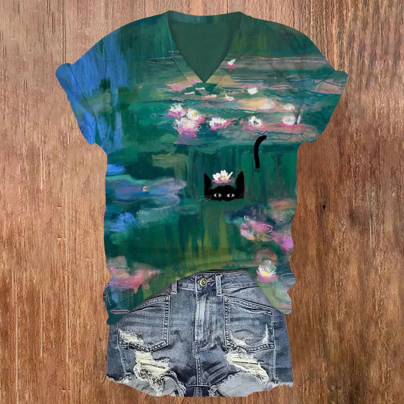 Women's Funny Black Cat In Claude Monet's Waterlily Painting Art Print Casual V-neck T-Shirt elevenforest