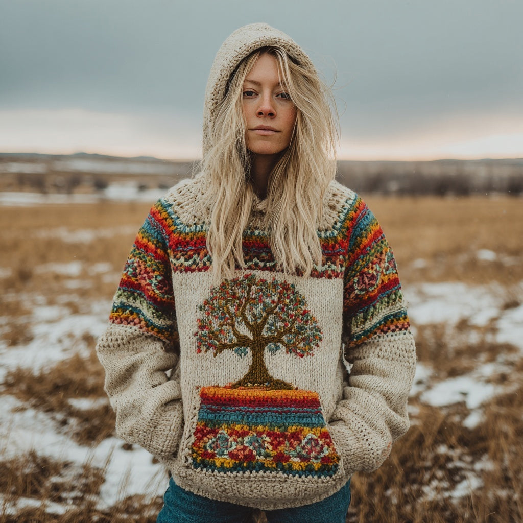 Vintage Tree Of Life Boho Colorful Cozy Hooded Sweater artswardrobe