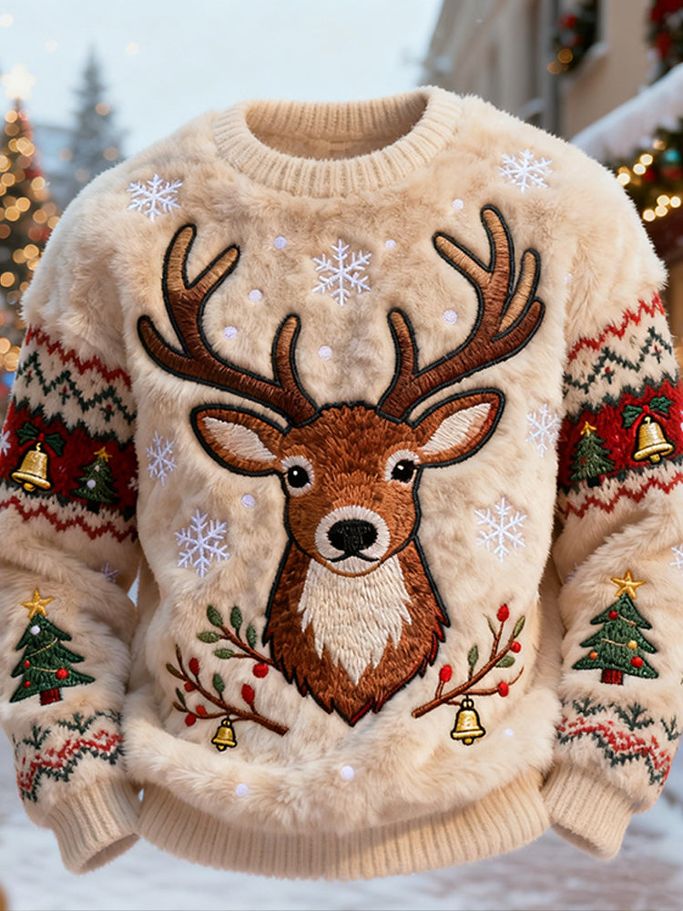 Comstylish Christmas Reindeer Fair Isle Pattern Embroidered Crew Neck Sweatshirt