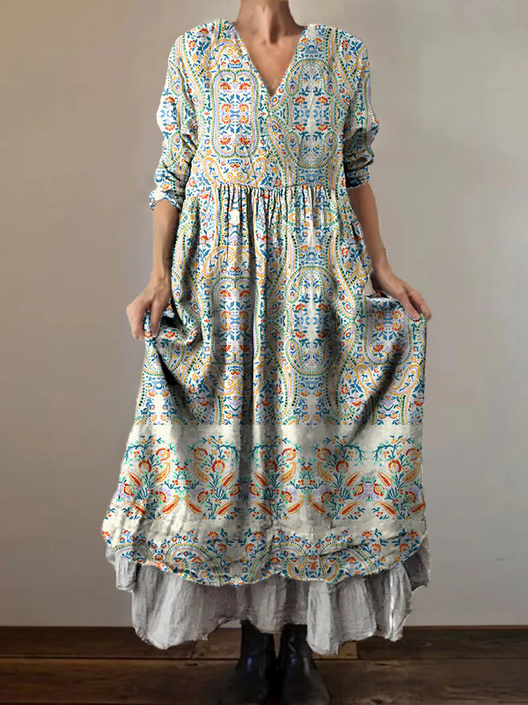 Women's Vintage Ethnic Floral Art Print V-Neck Button Pocket Cotton Dr