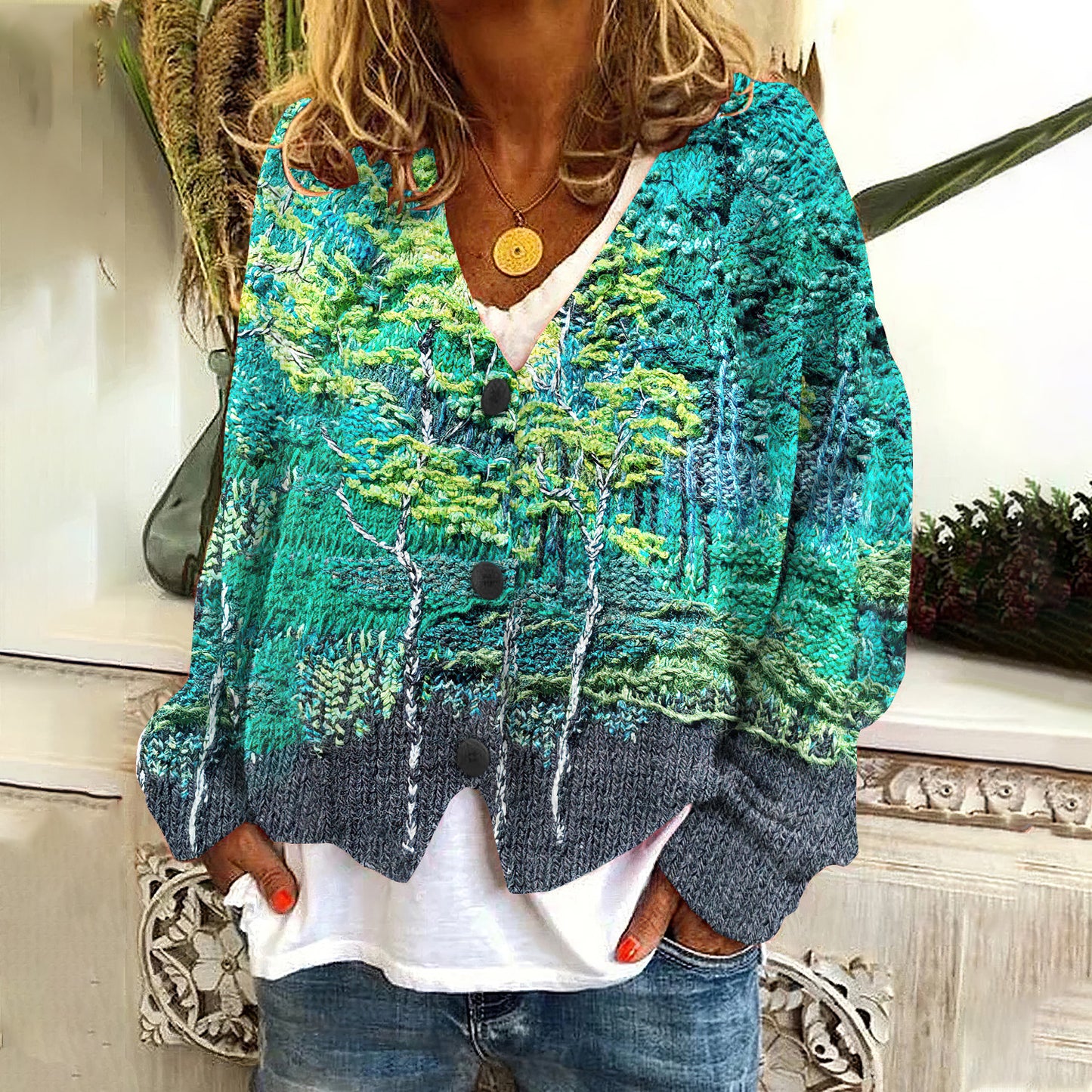 Forest Print V-Neck Knitted Cozy Cardigan artswardrobe