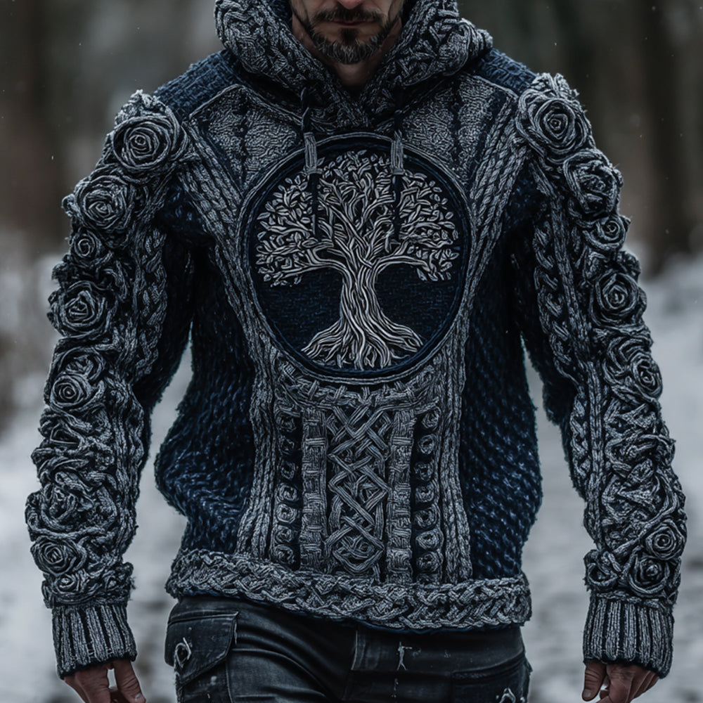 Men's Viking Tribal Jacquard Celtic With Rose And Tree Of Life Inspired Chunky Knit Hooded Sweater artswardrobe