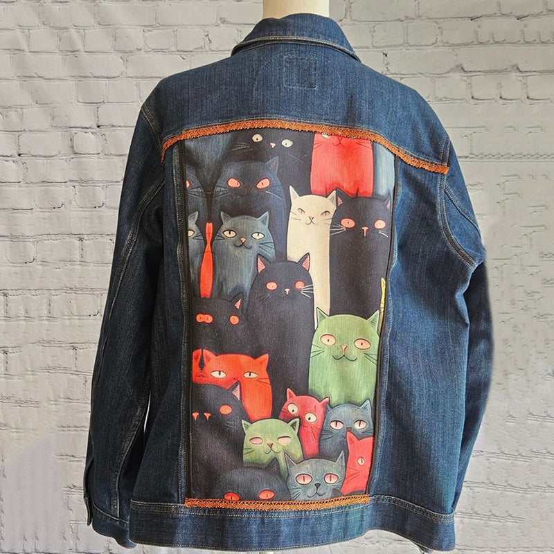 Cute Pop Art Cat Pattern Denim Jacket elevenforest