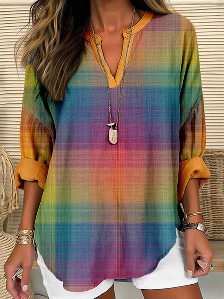 Comstylish Fine Rainbow Plaid Pattern Linen Blend Cozy Shirt