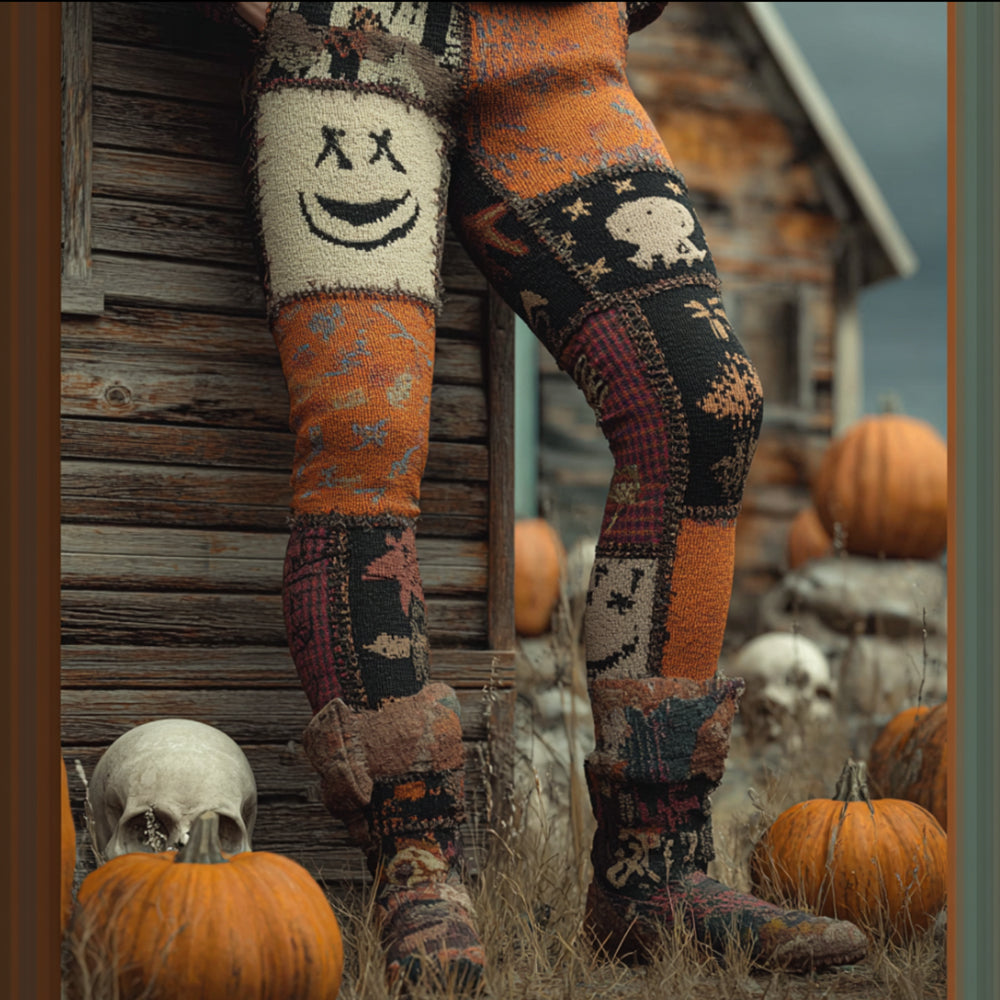 Halloween-themed Knitted Pants With Fun Pumpkin-colored Patchwork Design artswardrobe