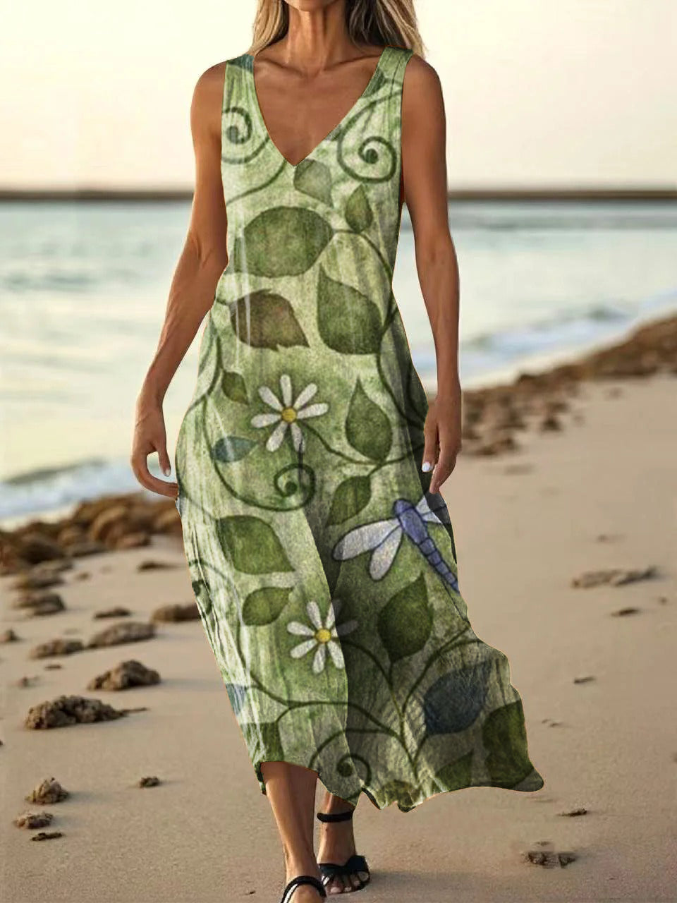 Women's Bohemian Floral Dragonfly Art Print Pocket Cotton Dress