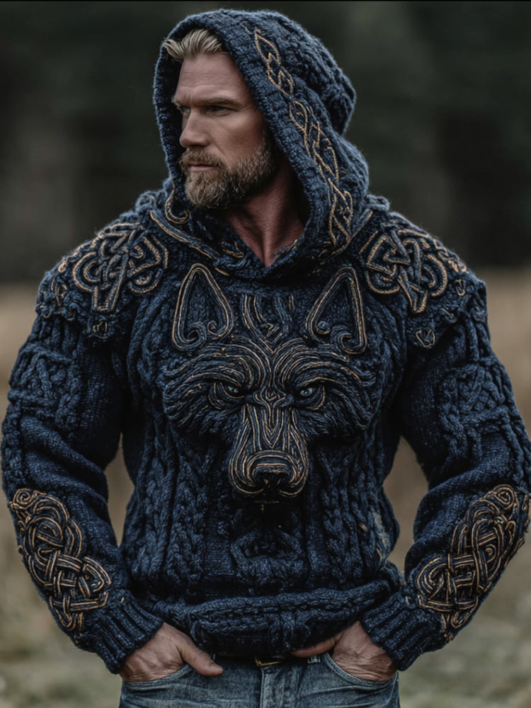 Men's Viking Retro Wolf Head Celtic Knot Embroidery Thickened Sweater elevenforest