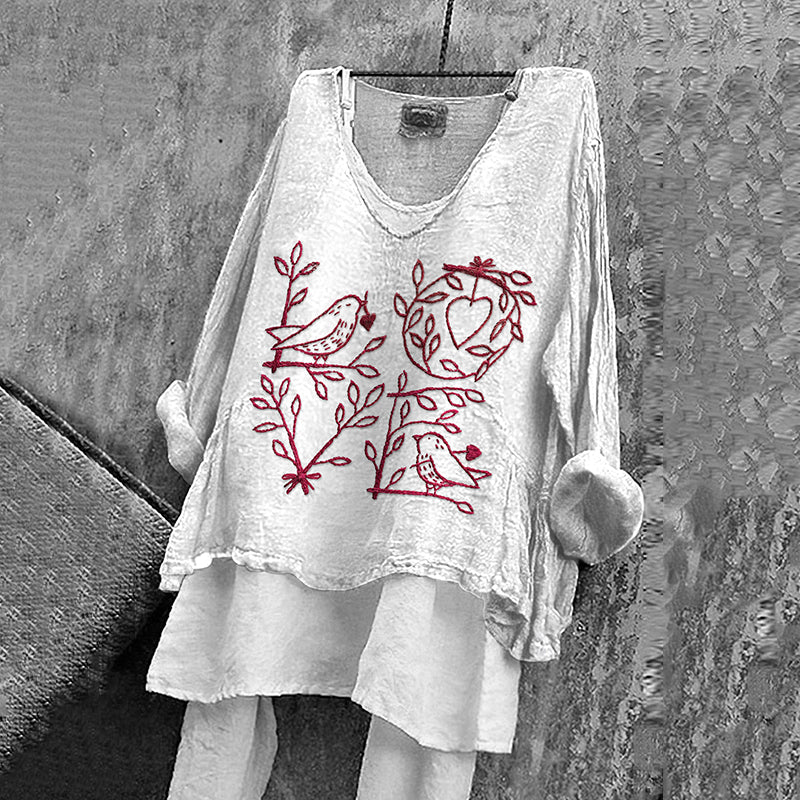 Women's Vintage Love Birds Embroidery Cotton And Linen Shirt artswardrobe