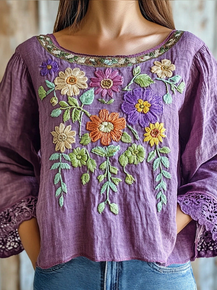 Purple Ethnic Floral Embroidery Vintage Women's Linen Shirt artswardrobe