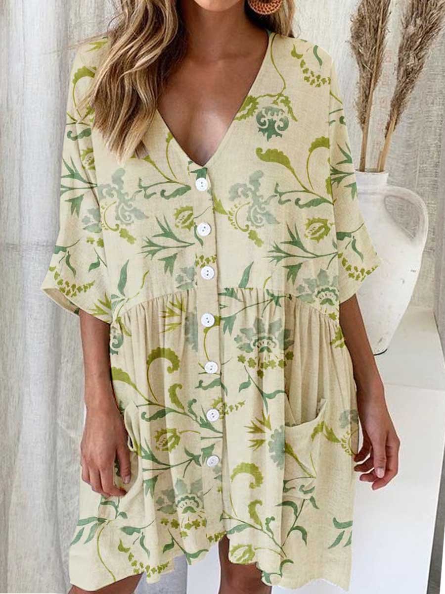 Women's Elegant Floral Cotton and Linen Shirt Style Loose Dress