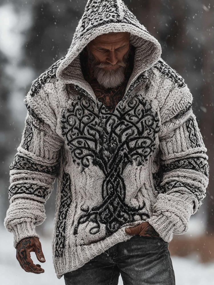 Men's Viking Style Flowering Tree Of Life Warm Thick Needle Hooded Sweater artswardrobe